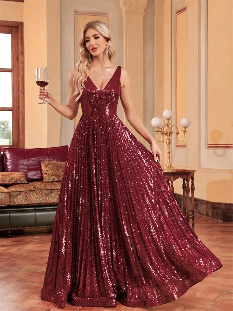 Lucyinlove Luxury V Neck Long Sleeves Formal Evening Dress Women 2024 Sequins Wedding Party Prom Maxi Cocktail Dresses Vestidos
