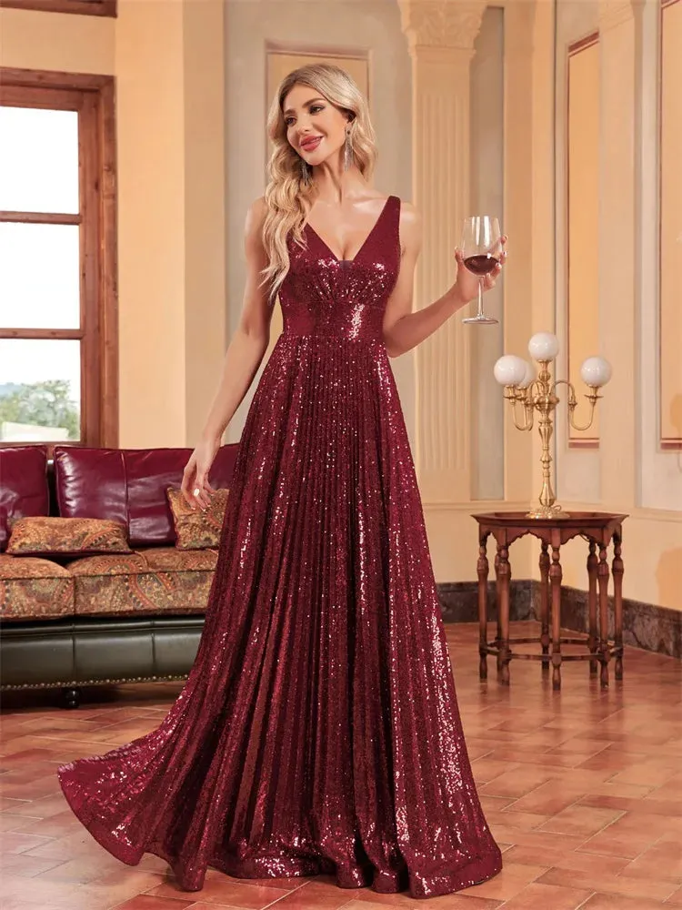 Lucyinlove Luxury V Neck Long Sleeves Formal Evening Dress Women 2024 Sequins Wedding Party Prom Maxi Cocktail Dresses Vestidos