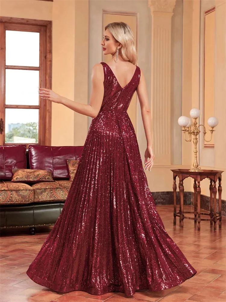Lucyinlove Luxury V Neck Long Sleeves Formal Evening Dress Women 2024 Sequins Wedding Party Prom Maxi Cocktail Dresses Vestidos