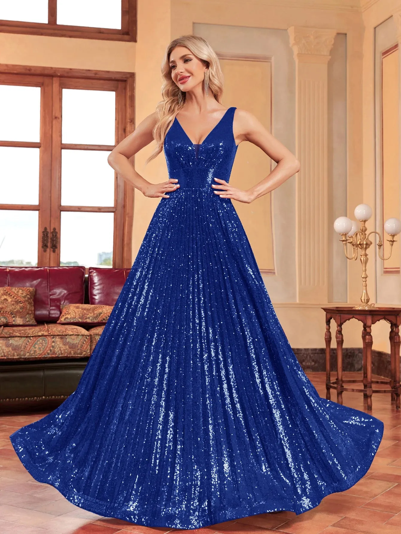 Lucyinlove Luxury V Neck Long Sleeves Formal Evening Dress Women 2024 Sequins Wedding Party Prom Maxi Cocktail Dresses Vestidos