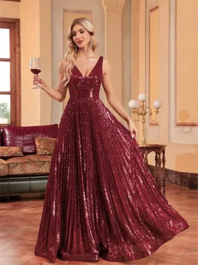 Lucyinlove Luxury V Neck Long Sleeves Formal Evening Dress Women 2024 Sequins Wedding Party Prom Maxi Cocktail Dresses Vestidos
