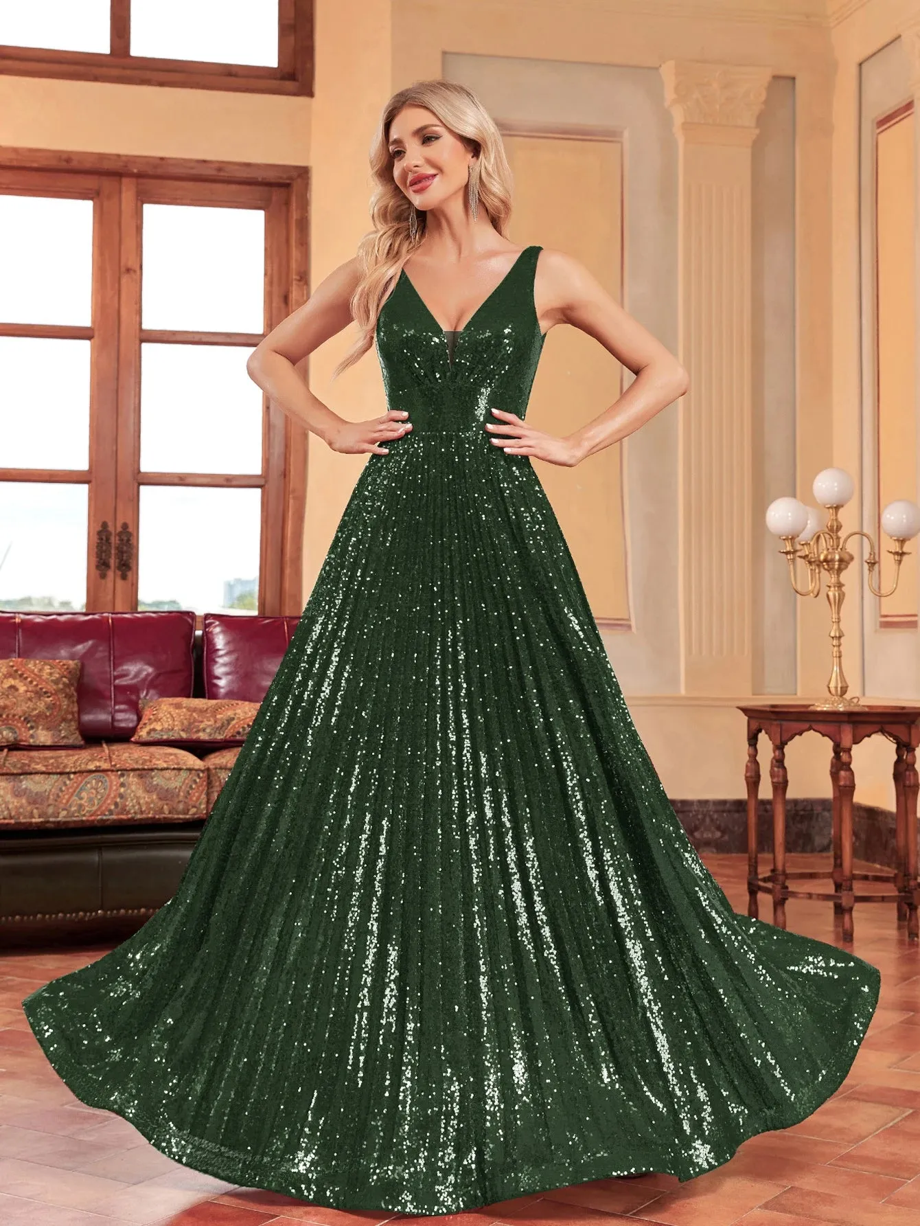 Lucyinlove Luxury V Neck Long Sleeves Formal Evening Dress Women 2024 Sequins Wedding Party Prom Maxi Cocktail Dresses Vestidos