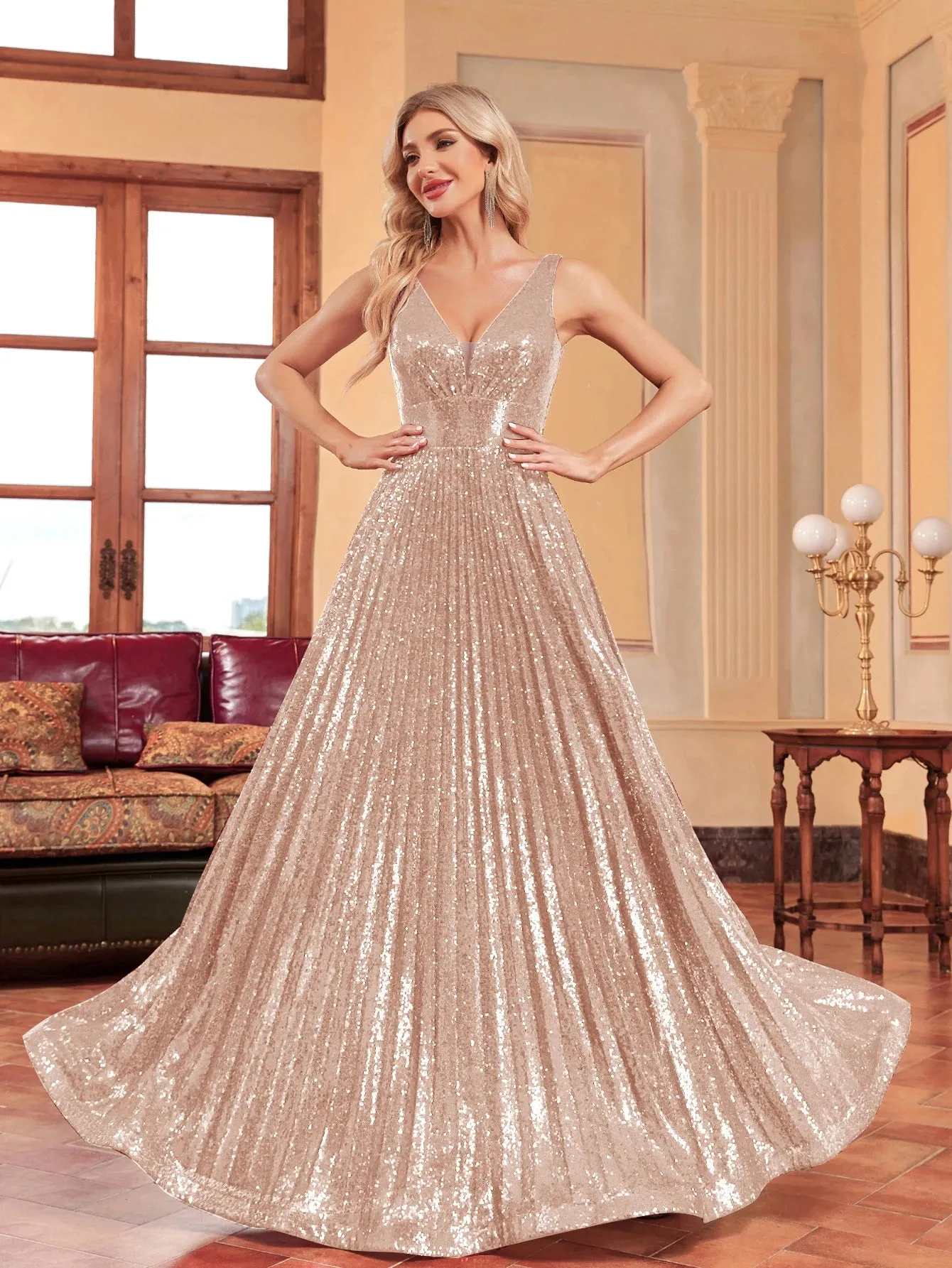 Lucyinlove Luxury V Neck Long Sleeves Formal Evening Dress Women 2024 Sequins Wedding Party Prom Maxi Cocktail Dresses Vestidos