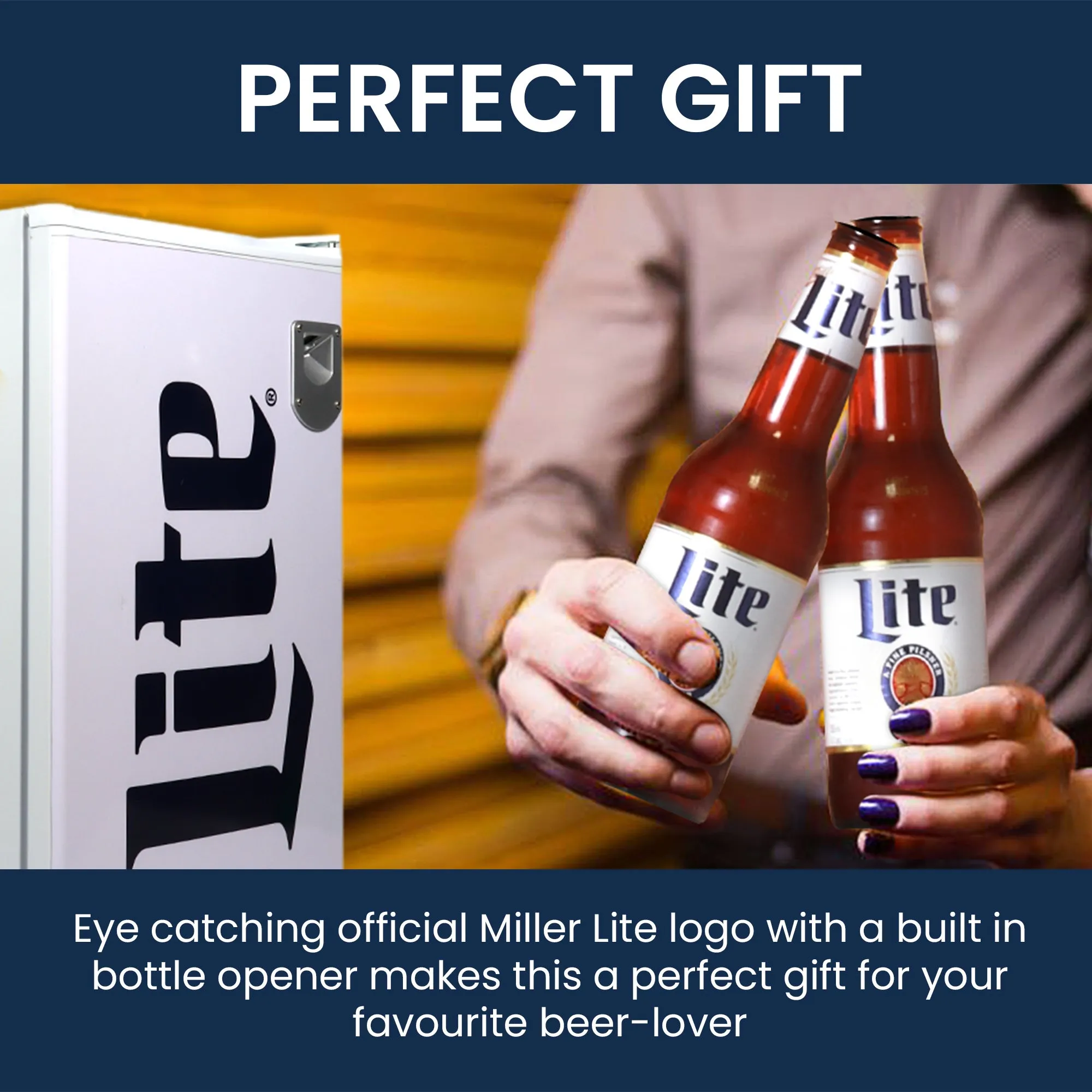 Miller Lite Compact Fridge w/ Bottle Opener, 3.2 cu ft (90L), White, Space-Saving Flat Back Design, Reversible Door, Tempered Glass Shelves, Licensed Miller Lite Artwork, Perfect for Beer-Lovers