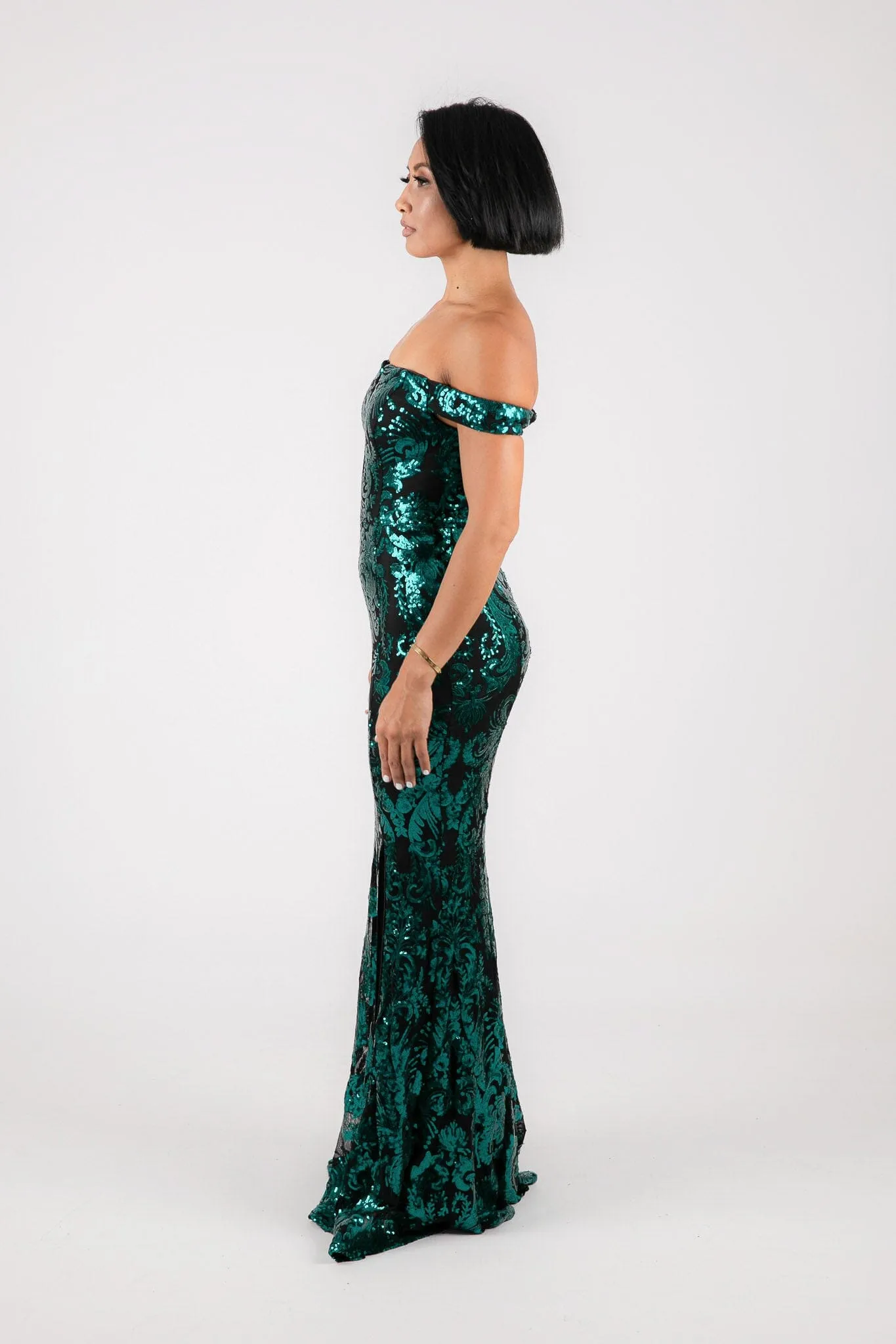 Ramona Off Shoulder Sequin Gown - Emerald