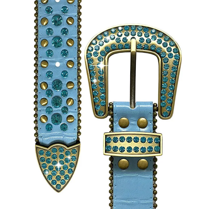 Western Blue Strap With Blue & Metal Studded Rhinestone Belt