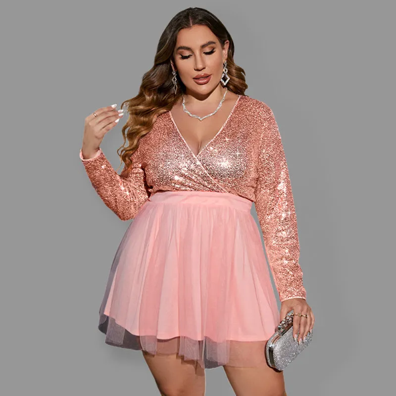 Women's Plus Size V Neck Long Sleeve Sequin And Mesh Mini Dress