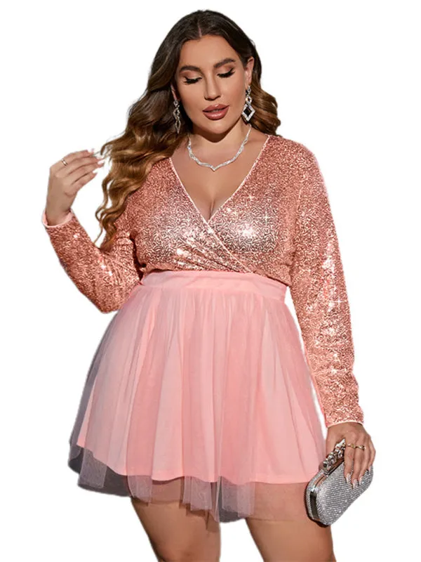 Women's Plus Size V Neck Long Sleeve Sequin And Mesh Mini Dress